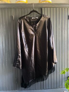 Fashion Bug Black Satin Lace-Up V-Neck Tunic 18/20